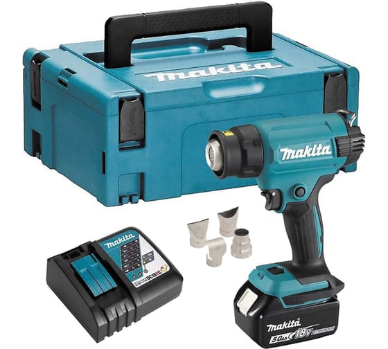 Аккумуляторный тепловой пистолет-фен Makita LXT 18В, 550 град, 2 скорости,6 режимов, кейс MakPac ,насадки 5.0Ач х1,з/у DHG181RT1J картинка