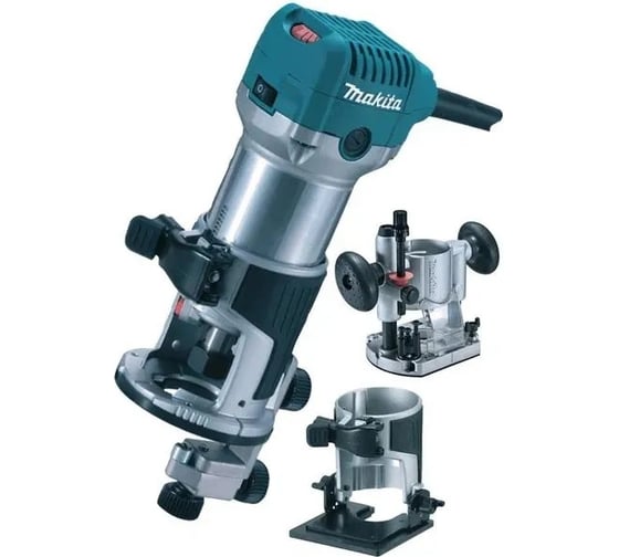 Кромочный фрезер Makita 710 Вт,10000-34000 об/м, цанга 6 и 8 мм, погружная и наклонная базы, копировальные втулки 10 и 16 мм, параллельный упор, сумка RT0702CX2 картинка